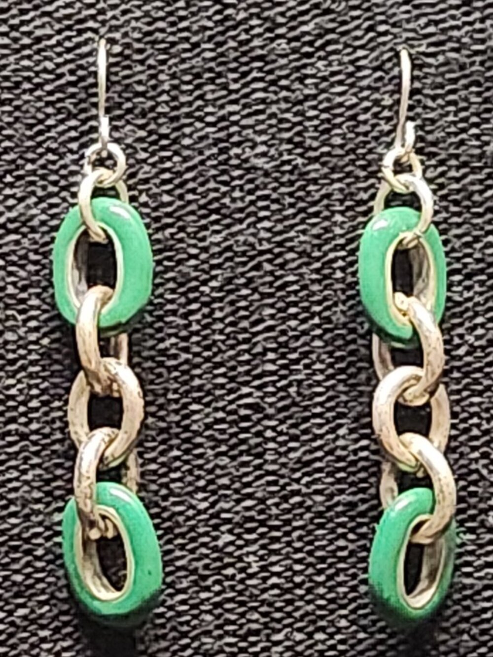 Green Enamel Gold Tone Chain Link Dangle Earrings